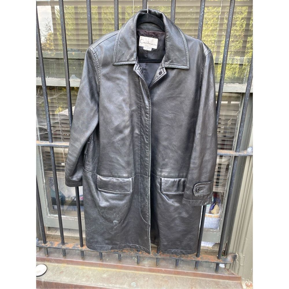 Carina New York Women’s Black Collared Button Long Leather Coat Size Medium